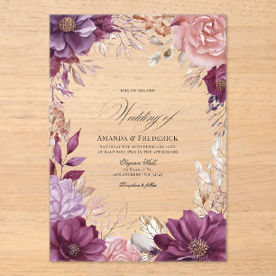 Plum, Grey, Copper, and Dusty Rose Floral Wedding Acrylic Invitations