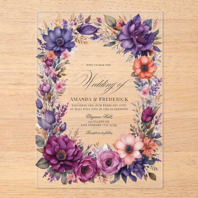Plum, Grey, Copper, and Dusty Rose Floral Wedding Acrylic Invitations (Front)