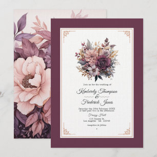 Plum, Grey, Copper and Dusty Rose Floral Wedding Invitation