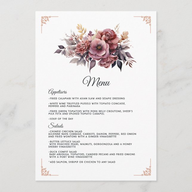 Plum, Grey, Copper and Dusty Rose Floral Wedding Menu (Front)