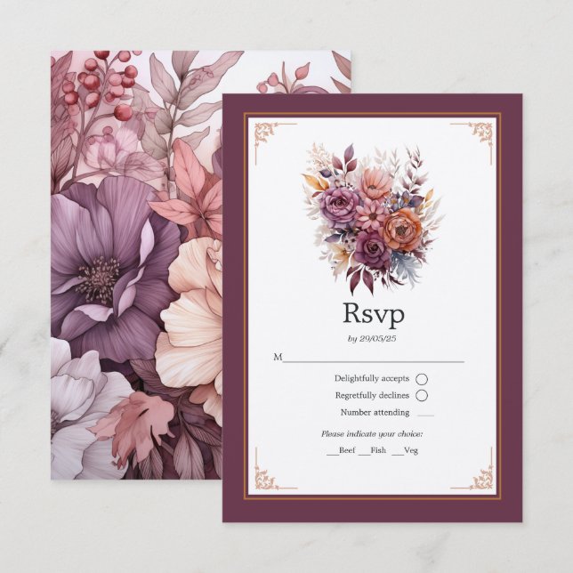 Plum, Grey, Copper and Dusty Rose Floral Wedding RSVP Card (Front/Back)