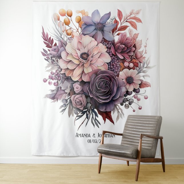 Plum, Grey, Copper and Dusty Rose Floral Wedding Tapestry (In Situ)