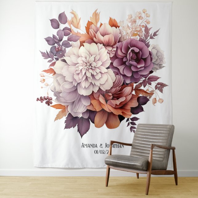 Plum, Grey, Copper and Dusty Rose Floral Wedding Tapestry (In Situ)