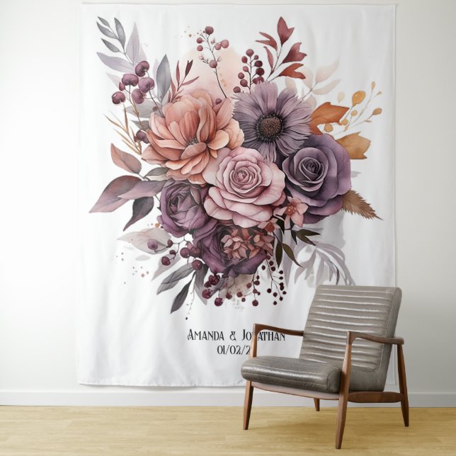 Plum, Grey, Copper and Dusty Rose Floral Wedding Tapestry (In Situ)
