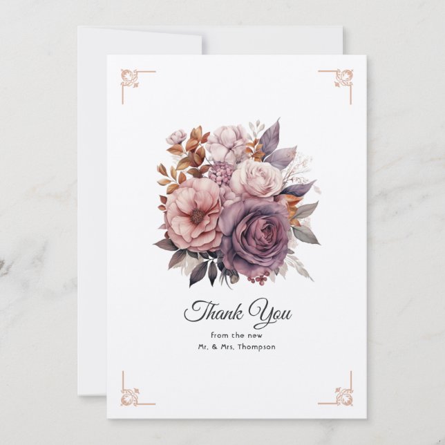 Plum, Grey, Copper and Dusty Rose Floral Wedding Thank You Card (Front)