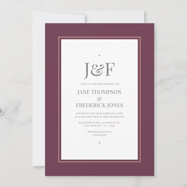 Plum, Grey, Copper and Dusty Rose Wedding Invitation (Front)