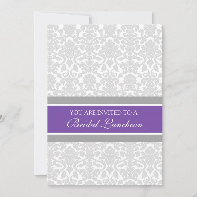 Plum Grey Damask Bridal Lunch Invitation Cards (Front)