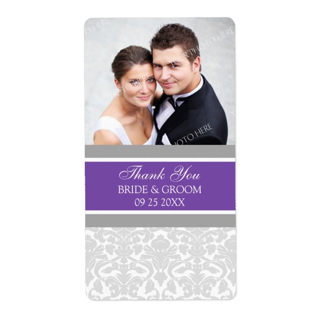 Plum Grey Damask Photo Wedding Labels (Front)