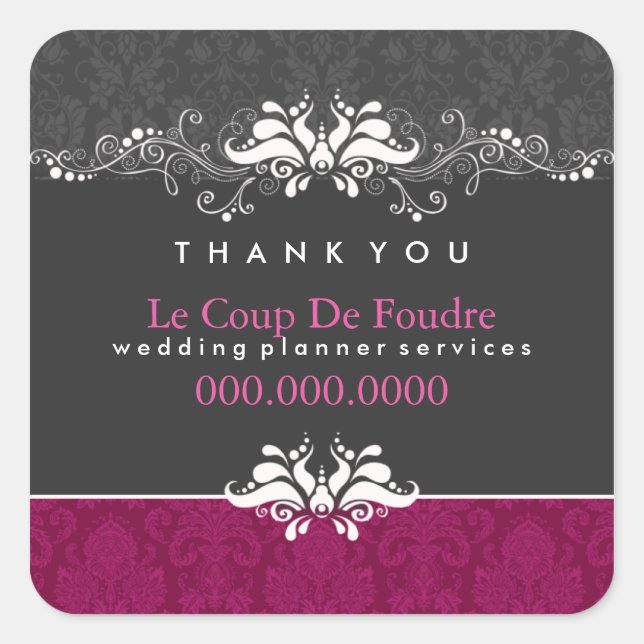 Plum Grey Damask Wedding Planner Thank You Sticker (Front)