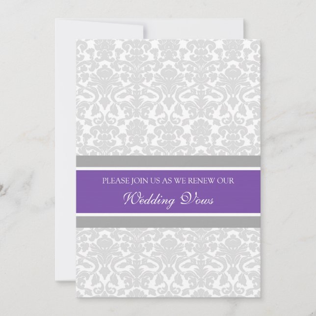 Plum Grey Damask Wedding Vow Renewal Invitations (Front)