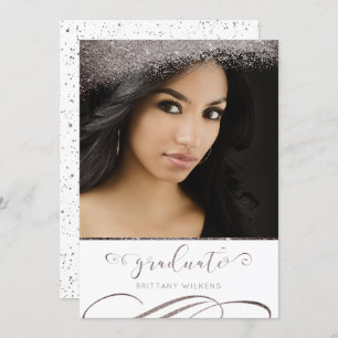 Plum Grey Glitter Elegant Script Graduate Invitation