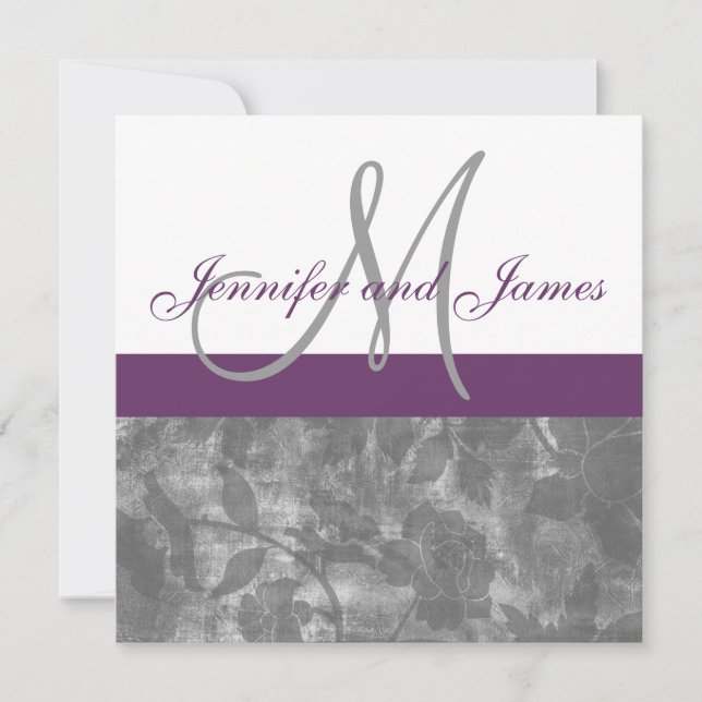 Plum Grey Wedding Invitation Monogram Floral (Front)