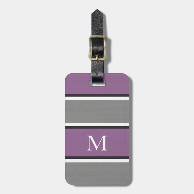 Plum Grey White Stripes Modern Luggage Tag (Front Vertical)
