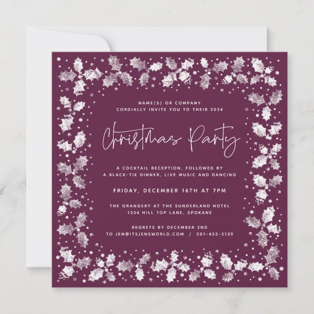 Plum Hand Printed Holly+Berries Christmas Party Invitation (Front)