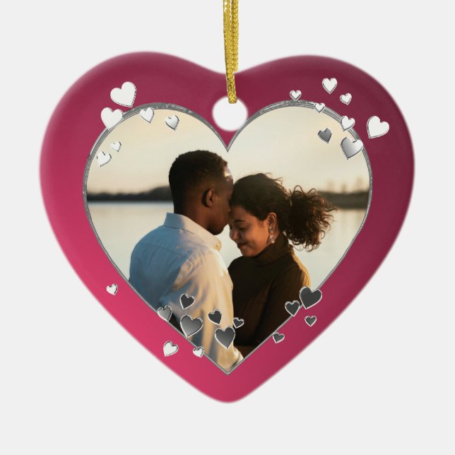 Plum Hearts and Ribbon Photo Ceramic Tree Decoration (Front)