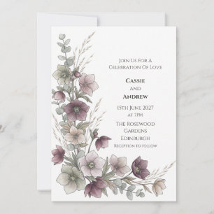 Plum Hellebore Eucalyptus Wildflower Wedding Invitation