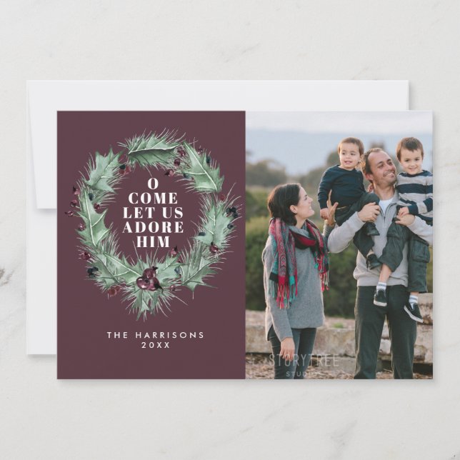Plum Holly & Berry Wreath Religious Photo Holiday Card (Front)