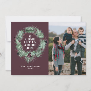 Plum Holly & Berry Wreath Religious Photo Holiday Card