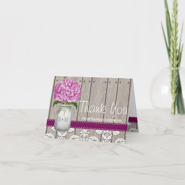 Plum Hydrangea Monogrammed Mason Jar THANK YOU (Front)