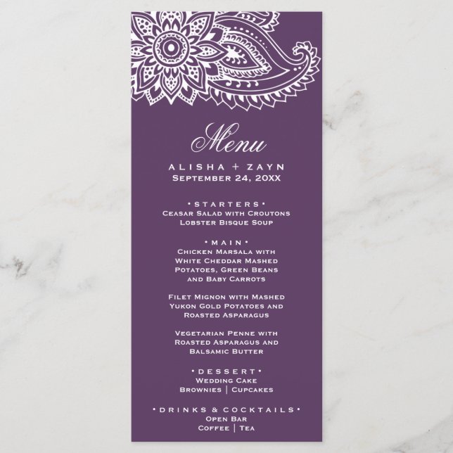 Plum Indian Paisley Dinner Menu Card (Front)