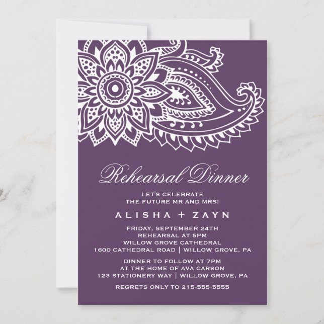 Plum Indian Paisley Rehearsal Dinner Invitation (Front)