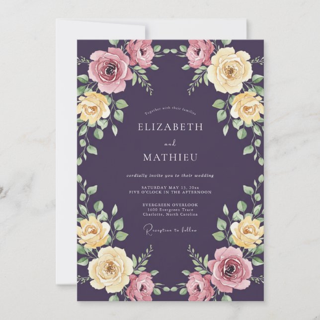 Plum Ivory Cream Petal Wedding Invitation (Front)