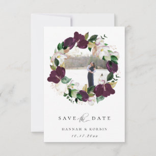 Plum Ivory Floral Wreath Photo Save The Date Announcement