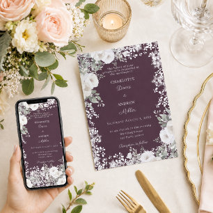 Plum Ivory white roses snow winter wedding Invitation