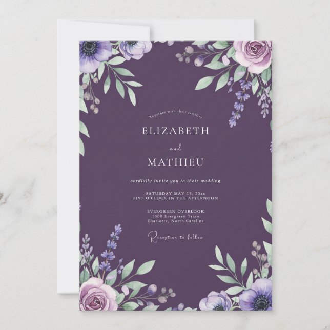 Plum Lavender Leafy Wedding Invitation (Front)