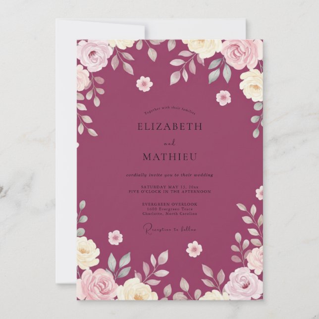 Plum Leafy Petal Wedding Invitation (Front)