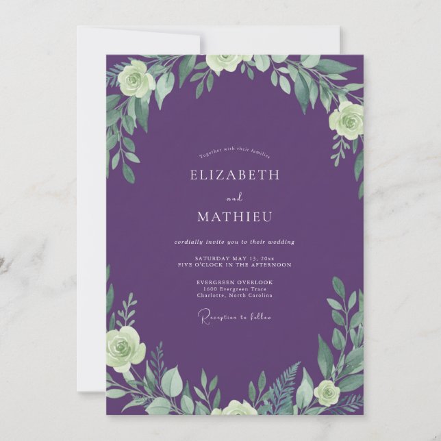 Plum Leafy Watercolor Wedding Invitation (Front)