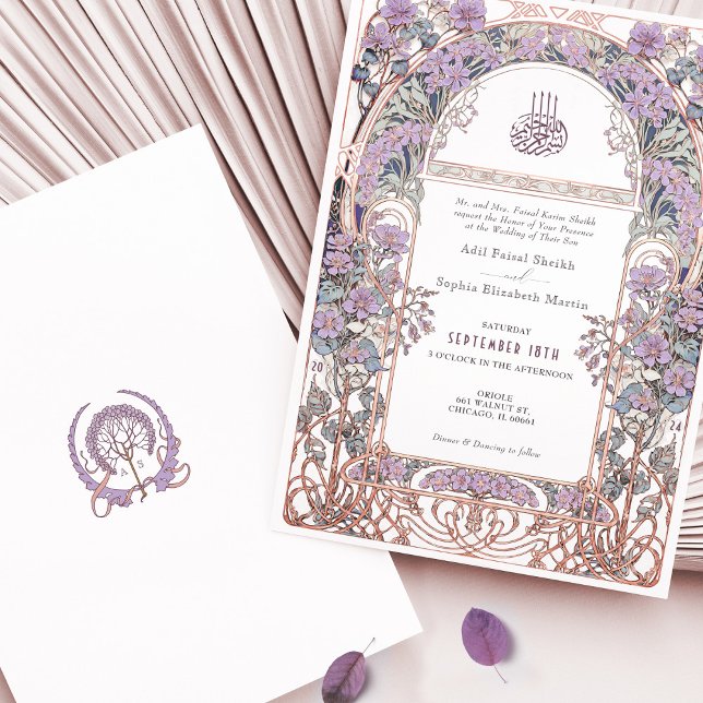 Plum Lilac Art Nouveau Inspired Islamic Wedding Invitation (Creator Uploaded)