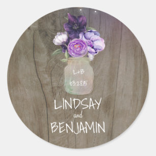 Plum Lilac Flowers Mason Jar Rustic Wedding Classic Round Sticker