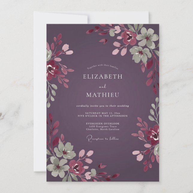 Plum Lush Floral Wedding Invitation (Front)