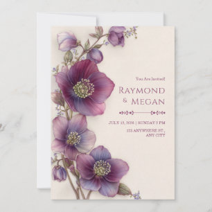 Plum Magenta Hellebore Botanical Border Wedding Invitation