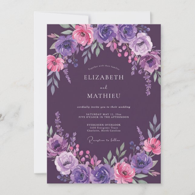 Plum Magenta Leafy Wedding Invitation (Front)