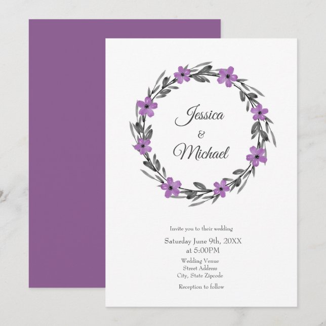 Plum Mauve Grey Black Watercolor Floral Wreath Invitation (Front/Back)