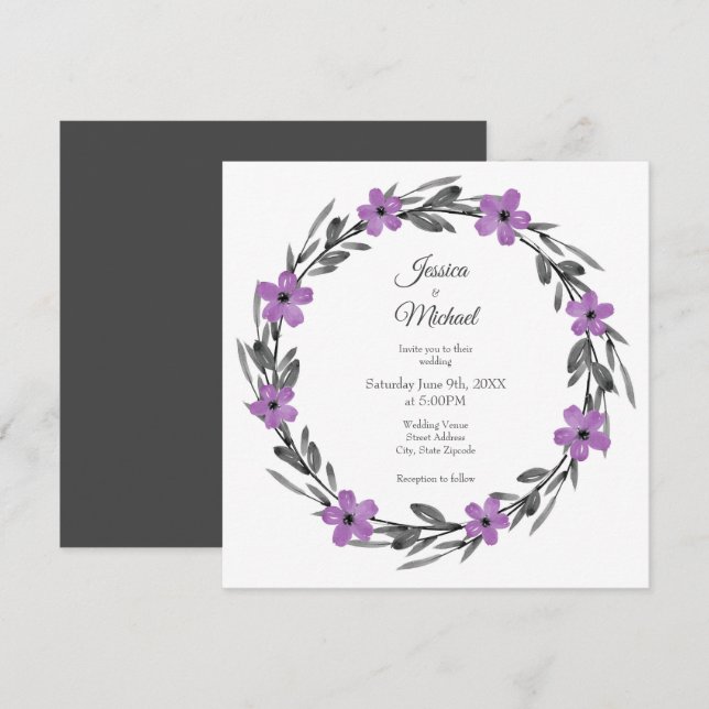 Plum Mauve Grey Black Watercolor Floral Wreath Invitation (Front/Back)