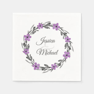 Plum Mauve Grey Black Watercolor Floral Wreath Napkin