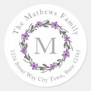 Plum Mauve Grey Watercolor Floral Wreath Labels