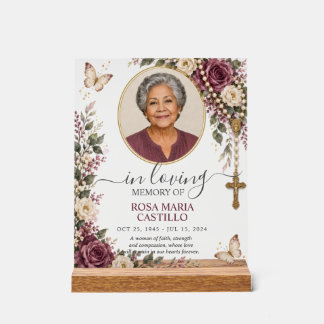 Plum Mauve Ivory Floral Photo Catholic Memorial Acrylic Sign