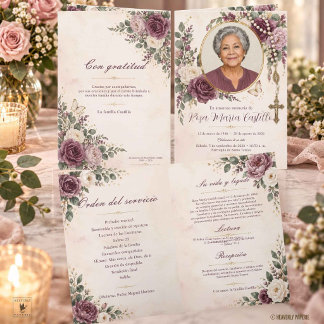 Plum Mauve Ivory Floral Photo Catholic Memorial Programme