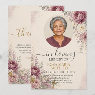 Plum Mauve Ivory Floral Photo Catholic Memorial Thank You Card