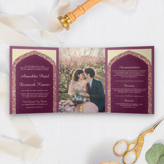 Plum Mauve Rose Gold Glitter Indian Wedding Tri-Fold Invitation (Creator Uploaded)
