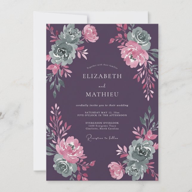 Plum Mauve Succulent Eucalyptus Wedding Invitation (Front)