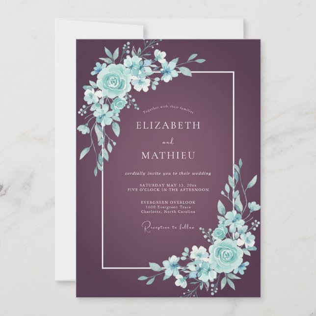 Plum Mint Floral Wedding Invitation (Front)