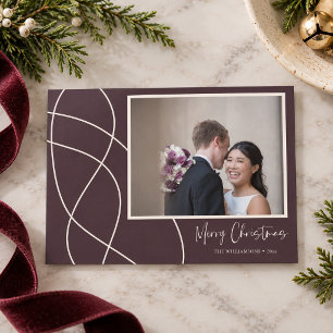 Plum Modern Abstract Line Script Christmas Photo Holiday Card