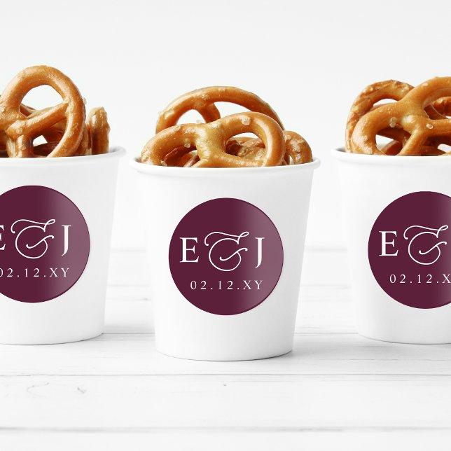 Plum Modern Initials Monogram Wedding Classic Round Sticker (Plum Modern Initials Monogram Wedding Classic Round Sticker)