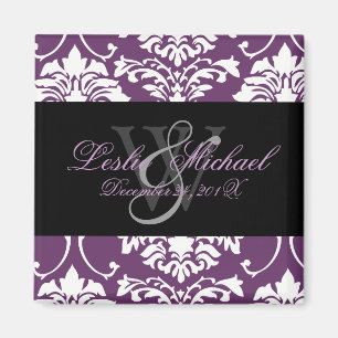 Plum Monogram Damask Wedding, Magnets