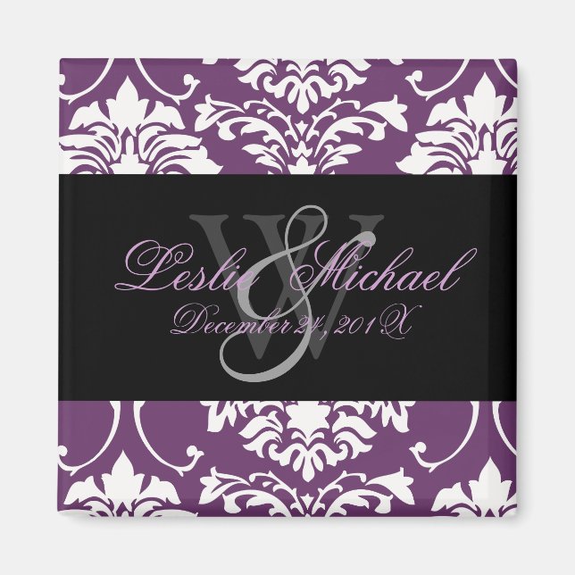 Plum Monogram Damask Wedding, Magnets (Front)
